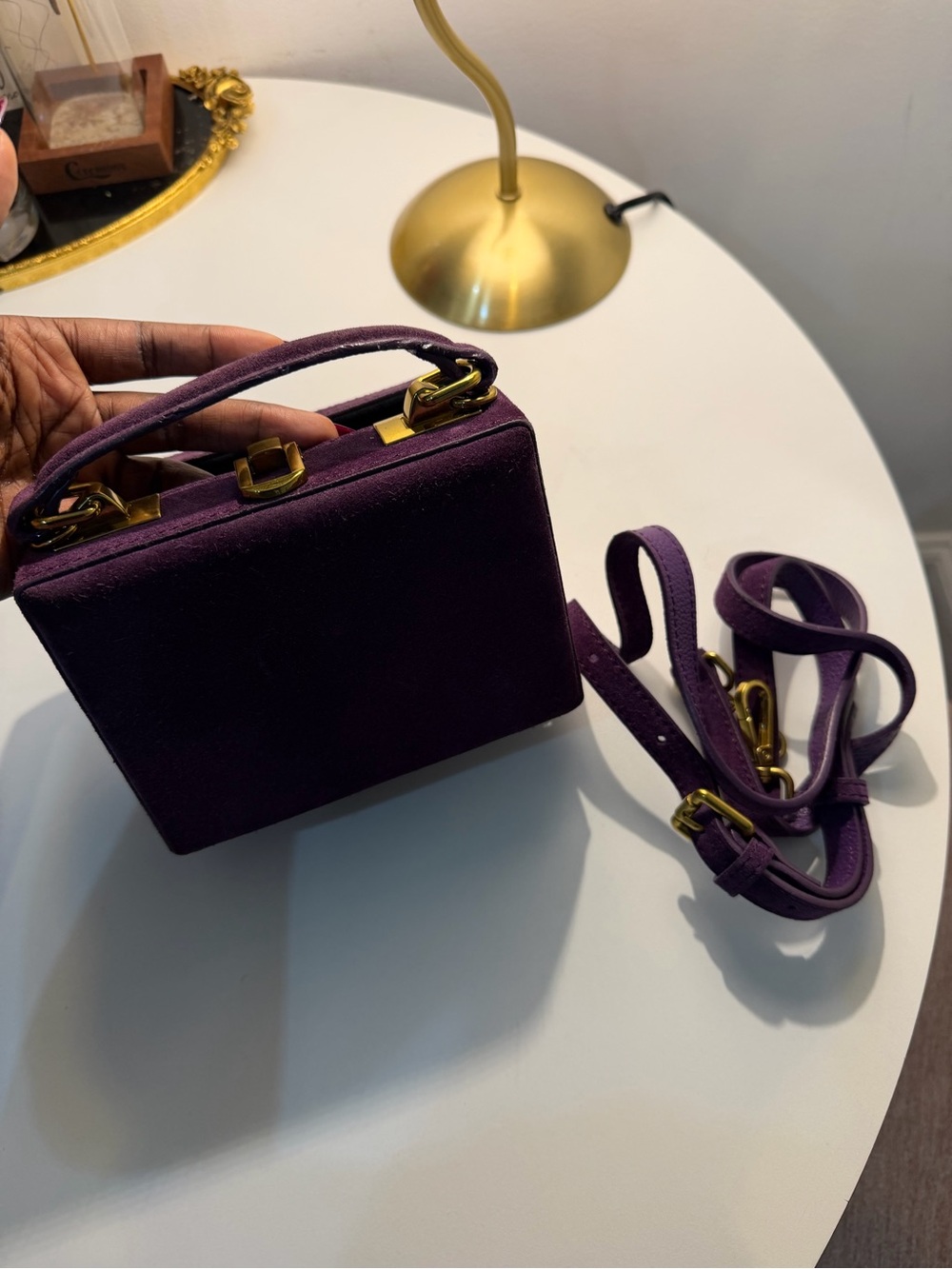 Brandon Blackwood Deep Purple Suede Top Handle Box Bag with Gold Hardware - Picture 5 of 10